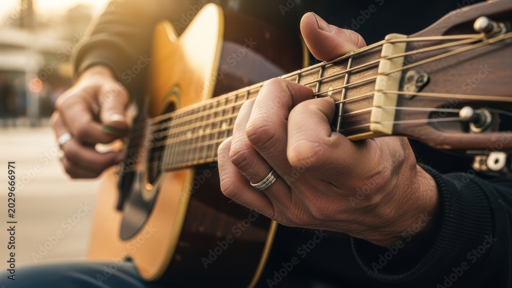 Obraz premium Musician playing an acoustic guitar outdoors in warm light.