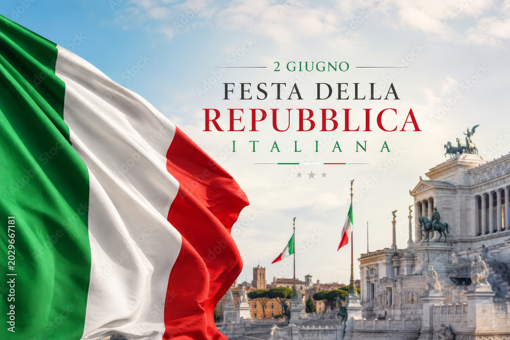 Obraz premium Italian Republic Day greeting banner with flag and Altare della Patria monument in Rome.