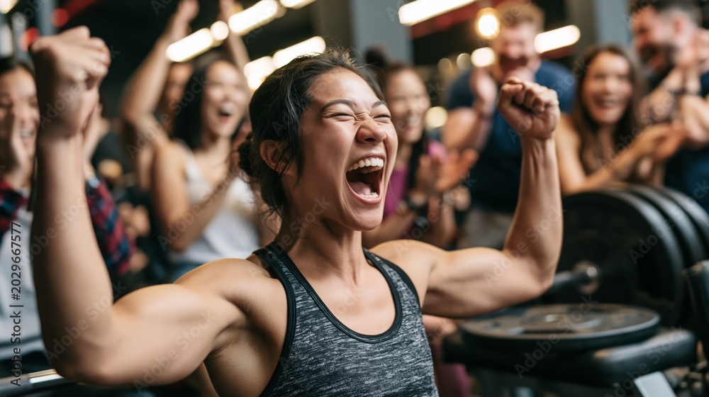 Naklejka premium A young woman screaming in triumph after a bench press personal record with diverse friends cheering around her in a gym.