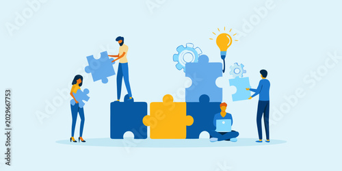 Obraz na płótnie Teamwork illustration with puzzle pieces and lightbulb concept