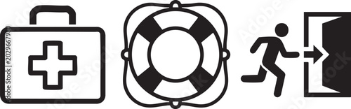 First Aid Kit Lifebuoy and Emergency Exit Icons