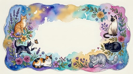 Watercolor floral frame with cute cats and kittens surrounded by flowers, leaves and butterflies creating decorative border for text or design projects.