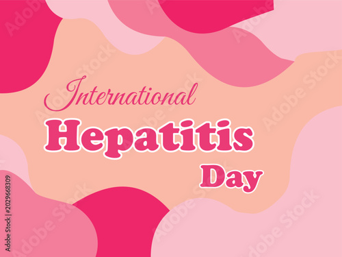 International hepatitis day awareness graphic with pink abstract shapes and bold text