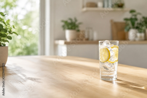 Glass of water with lemon and green plants on a wooden table