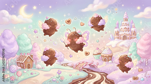 Adorable chocolate truffle fairies dancing in a pastel candy land with a whimsical castle