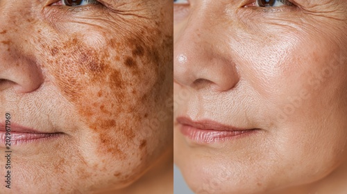 A pigmentation treatment before and after split showing dark melasma patches on the left and an even glowing uniform skin tone on the right.