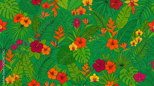 Foto Vibrant tropical floral pattern with colorful blooms.