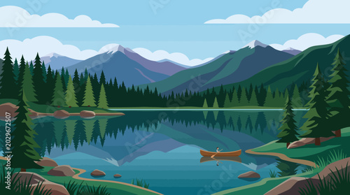 Serene mountain lake with evergreen trees.