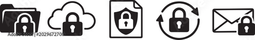 Photos Data vault web banner icon set with encrypted folders, cloud lock and secure document icons
