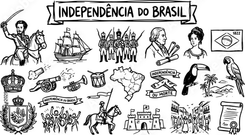 Bild auf Leinwand Black and White Line Art Illustration of Brazilian Independence Symbols and Hist