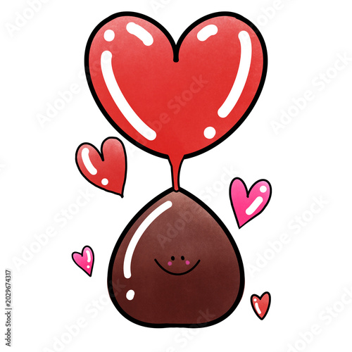 Cute chocolate character with a red heart balloon, sweet watercolor candy illustration
