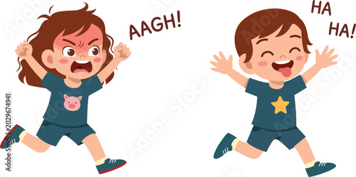 Schilderij op canvas Furious cartoon girl shouting in anger while chasing a laughing boy mocking her