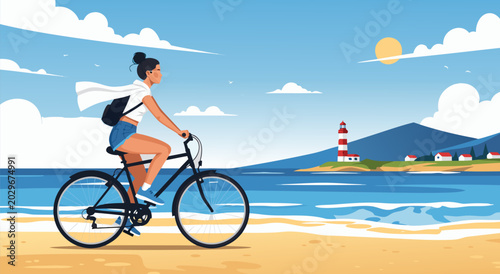 Canvastavla Young woman enjoying a vibrant summer day with a bicycle ride along the beautifu