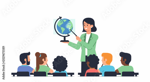 Female Teacher Giving Geography Lesson with Globe to Diverse Students in Classroom Vector Illustration