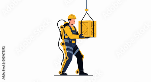Foto Industrial Warehouse Worker Wearing Powered Exoskeleton Suit Lifting Heavy Woode