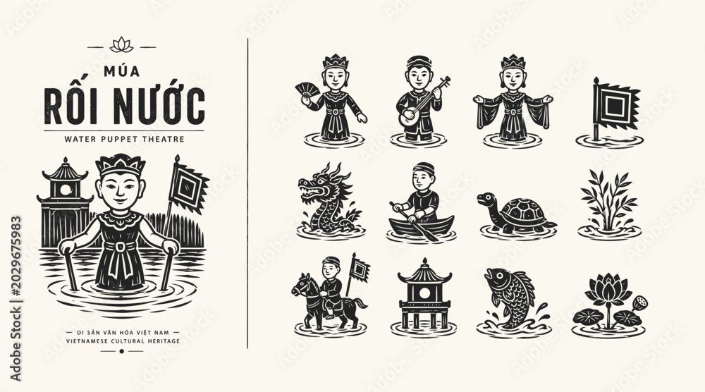 Obraz premium Vector Set of Traditional Vietnamese Water Puppet Theatre Icons and Characters in Woodcut Style