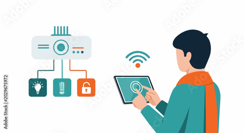 Smart Home Automation Concept Illustration with Man Controlling Lighting and Security via Tablet