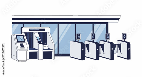 Modern Airport Terminal Illustration with Automated Check-in Kiosk, Security Luggage Scanner, and Biometric Boarding Gates