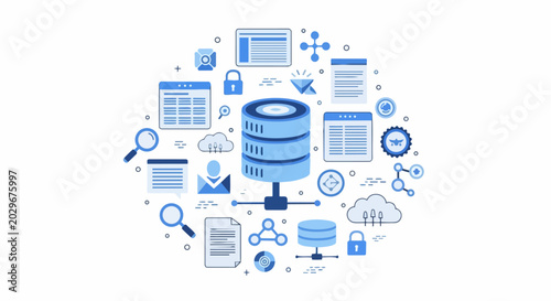 Big Data Storage and Cloud Computing Infrastructure Illustration with Network Security, Analytics, and Database Icons