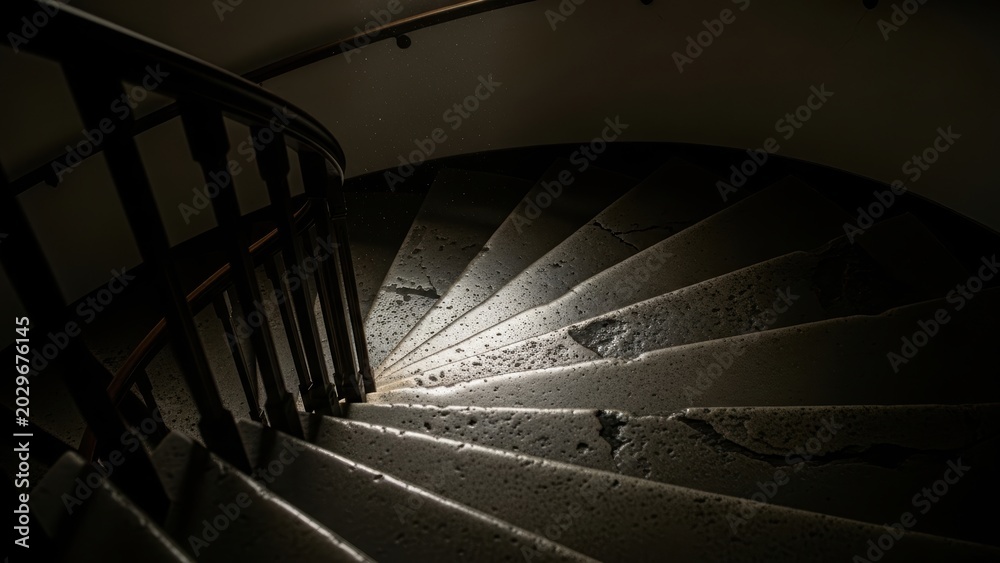 Fototapeta premium Worn stone spiral staircase in shadow.