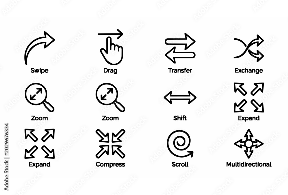Fototapeta premium Modern Outline Arrow Icon Collection with Expand Collapse Swipe and Navigation Symbols