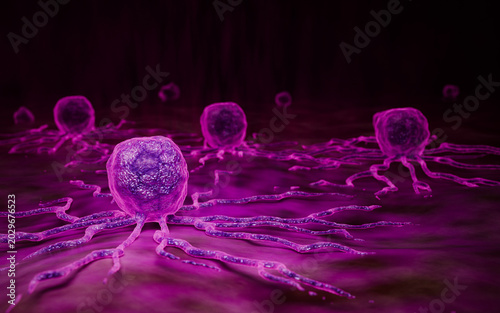 Aggressive Cancer Cells Spreading Across Human Tissue Surface Under Microscopic View 3D Rendering