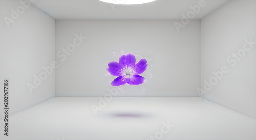 Floating purple flower with sparkles in minimalist room