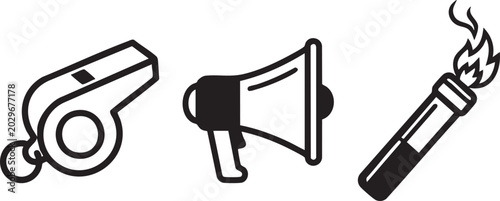 Referee Whistle Bullhorn Megaphone and Olympic Torch Icons
