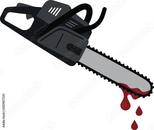Chainsaw with blood dripping, flat vector illustration, horror movie power tool icon, scary halloween graphic design, murder weapon icon, lumberjack tool with blood, slasher movie theme element