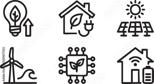 Renewable Energy Sustainable Living and Eco Home Solutions Line Icons Set