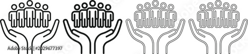 Line art of hands holding groups of people in different styles and line weights for business and social concepts
