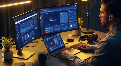 Professional Tech Specialist Analyzing Data Dashboards on Multiple Screens