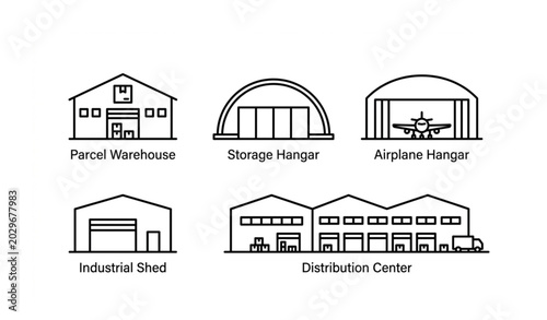 Obraz na płótnie Commercial hangar and warehouse thin line pictogram icon set in pixel perfect st
