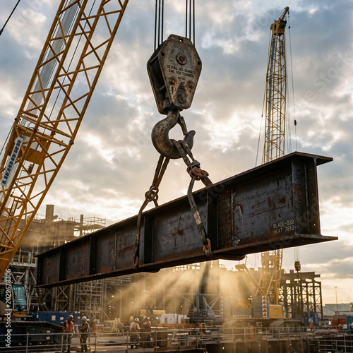 Crane hook holding a massive steel girder under volumetric light with high-detail textures cinematic engineering