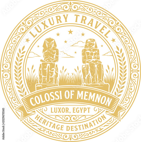 Colossi of Memnon luxury travel emblem vintage style vector illustration
