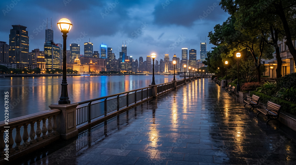 Fototapeta premium Riverside promenade after rain with glowing skyline reflections cinematic luxury cityscape
