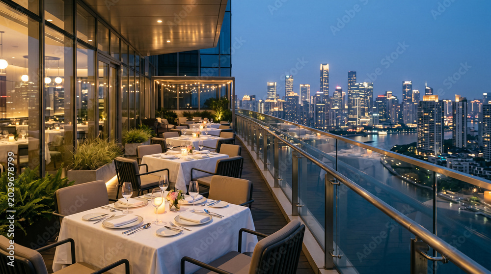 Fototapeta premium Luxury modern dining terrace facing a glowing skyline with empty linen tables and polished surfaces architecture