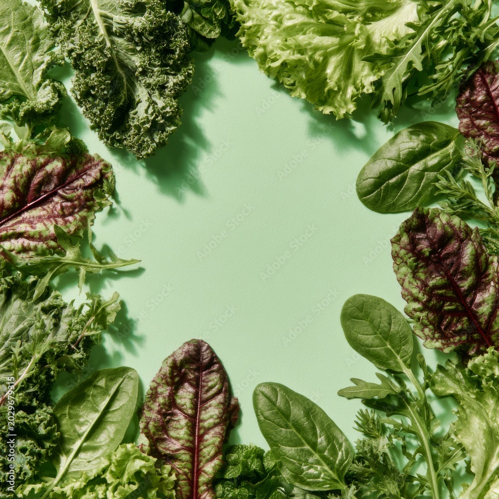 Fototapeta premium Fresh leafy greens frame on pastel background with healthy salad copy space concept