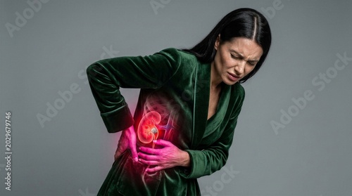 Woman suffering from kidney pain with hologram of anatomy. Girl holding side because of stone in urinary tract. Medical concept of urology and internal organ disease in human health.