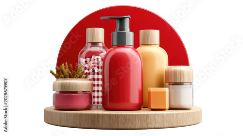 Skincare Collection Display: An assortment of luxurious skincare products, including bottles and jars with pumps and caps.