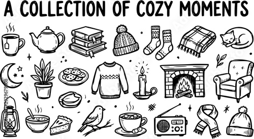 Cozy Moments Lifestyle Collection Vector - Hand-drawn Black and White Line Art Illustration of Home Comfort Items in Doodle Sketch Style.