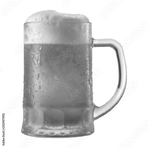 Halftone illustration of a glass beer mug with foam isolated on transparent background