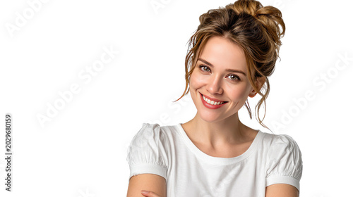 Radiant Smile: A beautiful young woman with an infectious smile and her hair styled in a chic bun looks confidently at the camera, embodying warmth and approachability.
