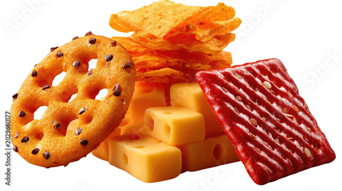 Assorted Snacks Delight: A delectable assortment of savory snacks, including crispy chips, cheese cubes, and a uniquely shaped cracker, offering a satisfying and varied bite.