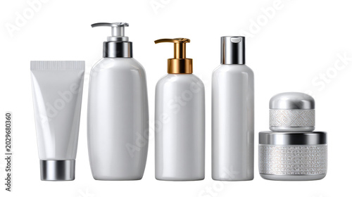 Cosmetic Product Lineup: A pristine collection of white and silver cosmetic containers, including lotion bottles with pumps and a jar, arranged neatly for display, embodying skincare and beauty.