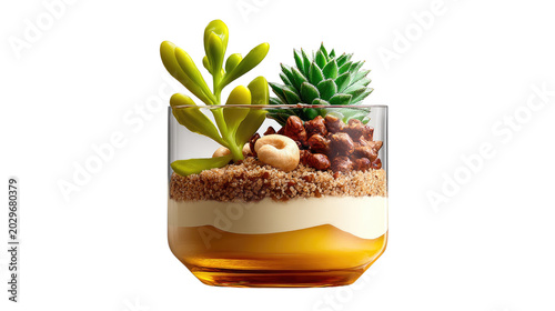 Delectable Dessert Terrarium: A sweet dessert served in a glass, layered with creamy pudding, crunchy granola, and adorned with succulent plants and nuts, resembling a miniature garden.