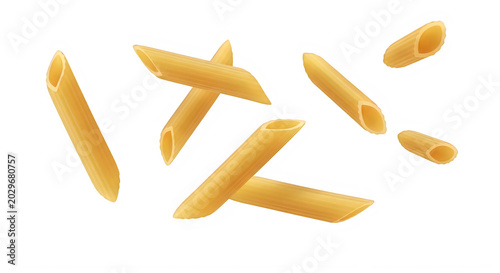 Penne pasta floating in the air on a black background