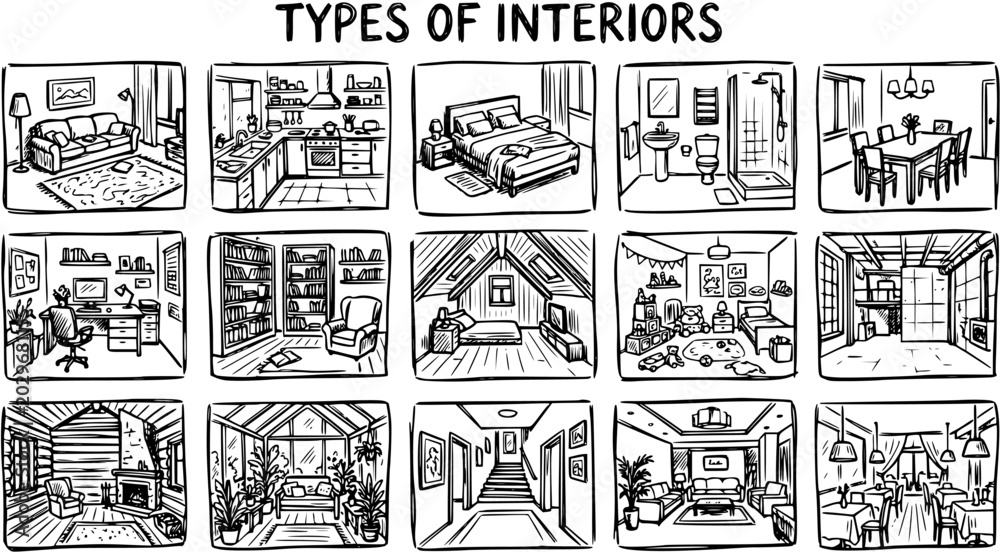 Naklejka premium Black and White Line Art Illustration of Various Interior Room Types for Architecture and Design