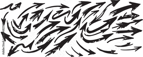 Large collection of dynamic hand drawn arrows in black with isolated collection abstract movement direction