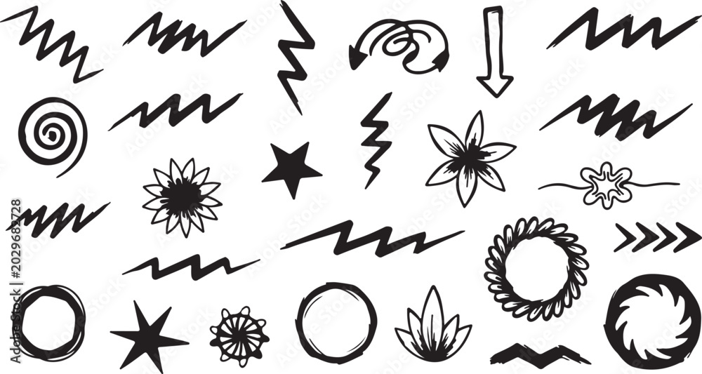 Fototapeta premium Abstract hand drawn doodle shapes and symbols set including zig zag lines circles stars arrows on white background with brush stroke lightning bolt abstract collection artistic